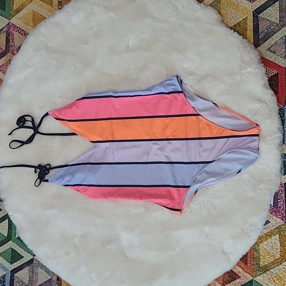 Aerie Neon Colorful Stripe One Piece Cheeky V-neck Strappy Swimsuit Medium